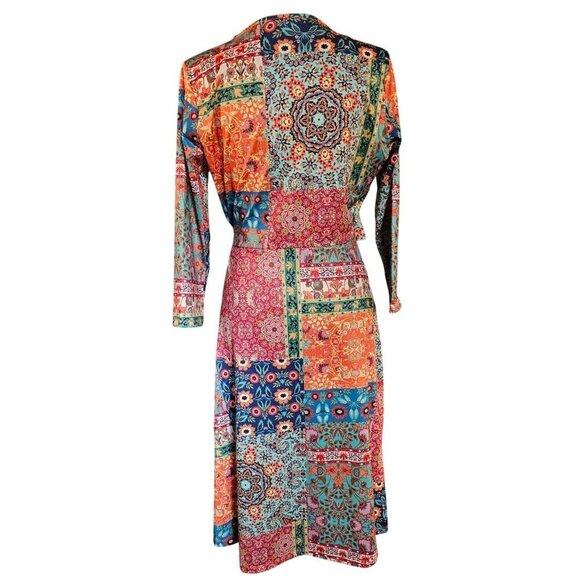 Sunny Leigh Hobo Patchwork Floral Wrap Silhouette Dress Lightweight and Smooth M - Picture 3 of 7